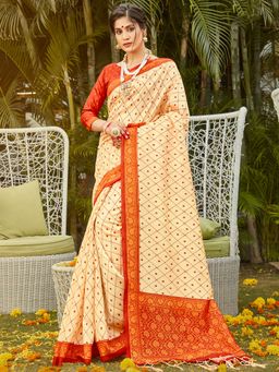 Akhilam - Womens Silk Blend Cream Digital Print Designer Saree with Unstitched Blouse