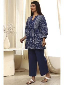 Biba - Women's Blue Cotton Gathered Printed Co-Ord (Set of 2)