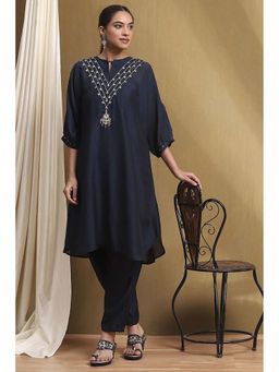 Biba - Women's Midnight Navy Blue Poly Silk Straight Kurta with Salwar (Set of 2)