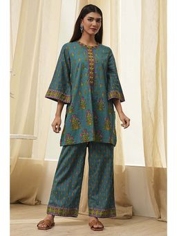 Biba - Women's Teal Cotton Straight Kurti with Palazzo (Set of 2)