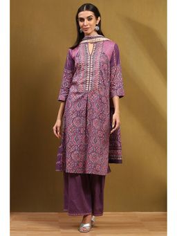 Biba - Women's Purple Cotton A-Line Kurta with Palazzo and Dupatta (Set of 3)