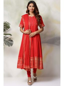 Biba - Women's Red Cotton Anarkali with Churidar and Dupatta (Set of 3)