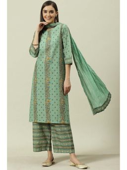 Biba - Women's Sage Green Printed Cotton Straight Kurta with Palazzo and Dupatta (Set of 3)