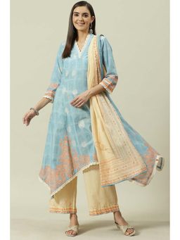 Biba - Women's Pale Blue Printed Cotton Kalidar Kurta with Palazzo and Dupatta (Set of 3)