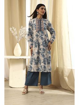 Biba - Women's Blue Pure Cotton Straight Kurta with Palazzo (Set of 2)