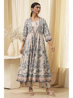 Biba - Women's Blue Cotton Front Open Kurta with Palazzo (Set of 2)