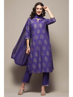Biba - Women's Purple Cotton Printed Straight Kurta with Pant and Dupatta (Set of 3)