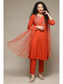 Biba - Women's Orange Rayon Straight Kurta with Pant and Dupatta (Set of 3)