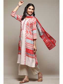 Biba - Women's Off White Rayon Straight Kurta with Palazzo and Dupatta (Set of 3)