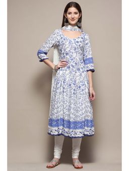 Biba - Women's White Rayon Anarkali with Churidar and Dupatta (Set of 3)