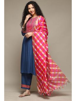 Biba - Women's Blue Rayon Straight Kurta with Pant and Dupatta (Set of 3)