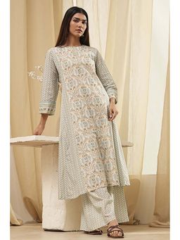 Biba - Women's Blue Cotton Silk A-Line Kurta with Palazzo (Set of 2)