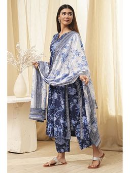 Biba - Women's Blue Cotton Gathered Kurta with Palazzo and Dupatta (Set of 3)