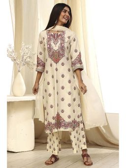 Biba - Women's Beige Pure Cotton Printed Straight Kurta with Palazzo and Dupatta (Set of 3)