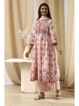 Biba - Women's Peach-Coloured Cotton Floral Flared Kurta with Palazzo and Dupatta (Set of 3)