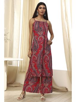 Biba - Women's Red Pure Cotton Printed Straight Kurta with Palazzo (Set of 2)
