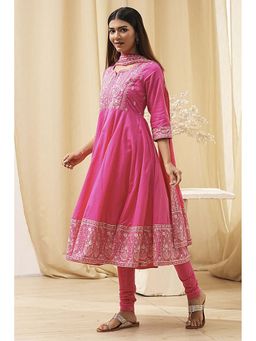 Biba - Women's Pink Cotton Anarkali with Churidar and Dupatta (Set of 3)