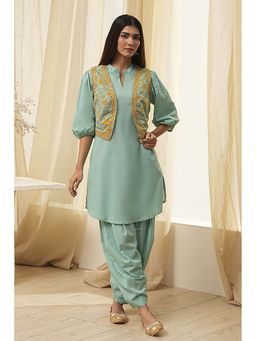 Biba - Women's Sage Green Cotton Straight Kurta with Salwar and Koti Jacket (Set of 3)