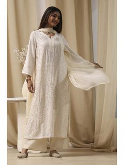 Biba - Women'S Off-White Chikankari Kurta with Palazzo and Dupatta (Set of 3)