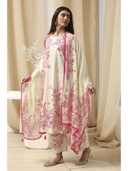 Biba - Women's Off White Cotton Straight Kurta with Palazzo and Dupatta (Set of 3)