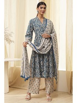 Biba - Women's Blue Cotton Gathered Kurta with Palazzo and Dupatta (Set of 3)