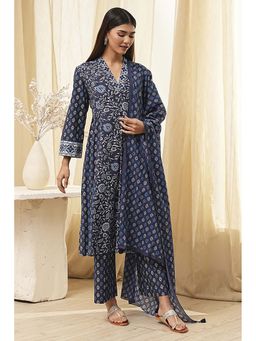 Biba - Women's Blue Cotton Straight Kurta with Palazzo and Dupatta (Set of 3)