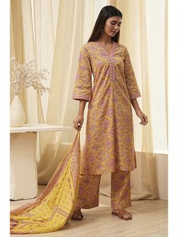 Biba - Women's Yellow Cotton Straight Kurta with Palazzo and Dupatta (Set of 3)