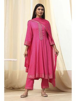 Biba - Women's Pink Viscose Printed Kalidar Anarkali with Pant and Dupatta (Set of 3)