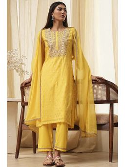 Biba - Women's Yellow Polyester Straight Kurta with Pant and Dupatta (Set of 3)