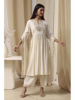 Biba - Women's White Embellished Kurta with Palazzo and Dupatta (Set of 3)