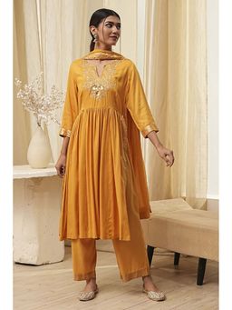 Biba - Women's Yellow Embellished Kurta with Palazzo and Dupatta (Set of 3)