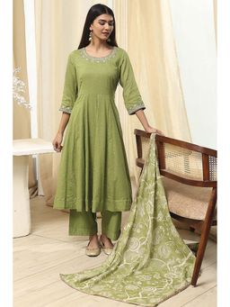 Biba - Women's Olive Green Cotton Anarkali with Palazzo and Dupatta (Set of 3)