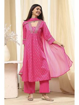 Biba - Women's Pink Cotton Gathered Anarkali with Palazzo and Dupatta (Set of 3)