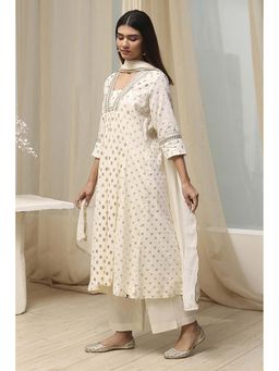 Biba - Women's Off White Cotton Kurta with Palazzo and Dupatta (Set of 3)