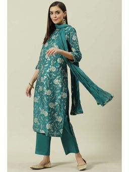 Biba - Women's Peacock Green Printed Straight Kurta with Pant and Dupatta (Set of 3)