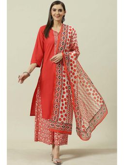 Biba - Women's Red Solid Cotton Straight Kurta with Palazzo and Dupatta (Set of 3)