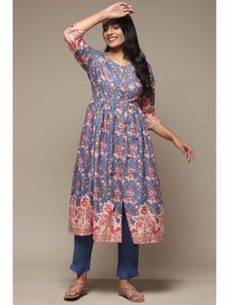 Biba - Women's Blue Cotton Gathered Kurta with Pant (Set of 2)