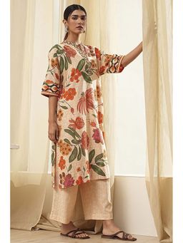 Biba - Women's Beige Cotton Blend Straight Kurta with Palazzo (Set of 2)