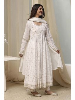 Biba - Women's Off White Cotton Anarkali with Palazzo and Dupatta (Set of 3)