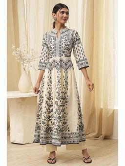 Biba - Women's White Cotton Anarkali with Palazzo (Set of 2)