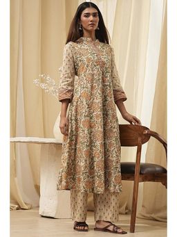 Biba - Women's Beige Pure Cotton Floral Kalidar Kurta with Palazzo (Set of 2)