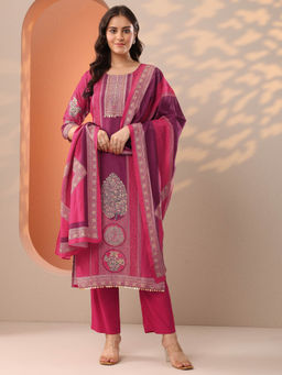 Libas - Pink Ethnic Printed Straight Kurta with Pant and Dupatta