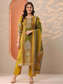 Libas - Mustard Ethnic Printed Straight Kurta with Pant and Dupatta