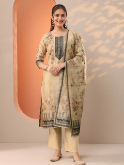 Libas - Beige Floral Printed Straight Kurta with Pant and Dupatta