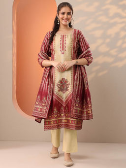 Libas - Beige Printed Straight Kurta with Pant and Dupatta