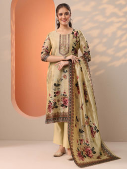 Libas - Beige Floral Printed Straight Kurta with Pant and Dupatta