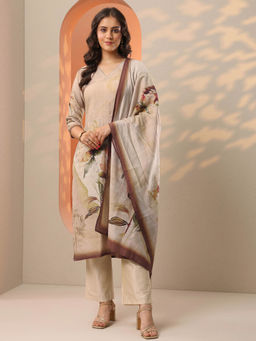 Libas - Beige Floral Printed Straight Kurta with Pant and Dupatta