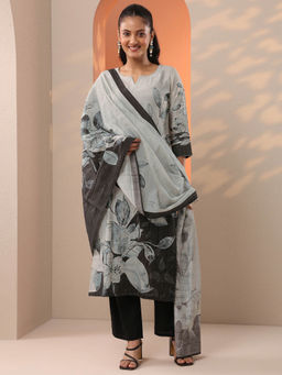 Libas - Grey Floral Printed Straight Kurta with Pant and Dupatta