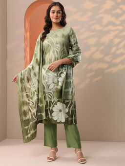 Libas - Green Floral Printed Straight Kurta with Pant and Dupatta