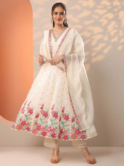 Libas - White Floral Embroidered Anarkali Kurta with Pant and Dupatta